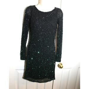 Aidan Mattox Black & Green Sequined LS Cocktail Dress sz 0 US